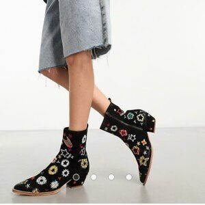 Free People Bowers Black Suede Embroidered Cowboy Boots Size 8.5 NWOB